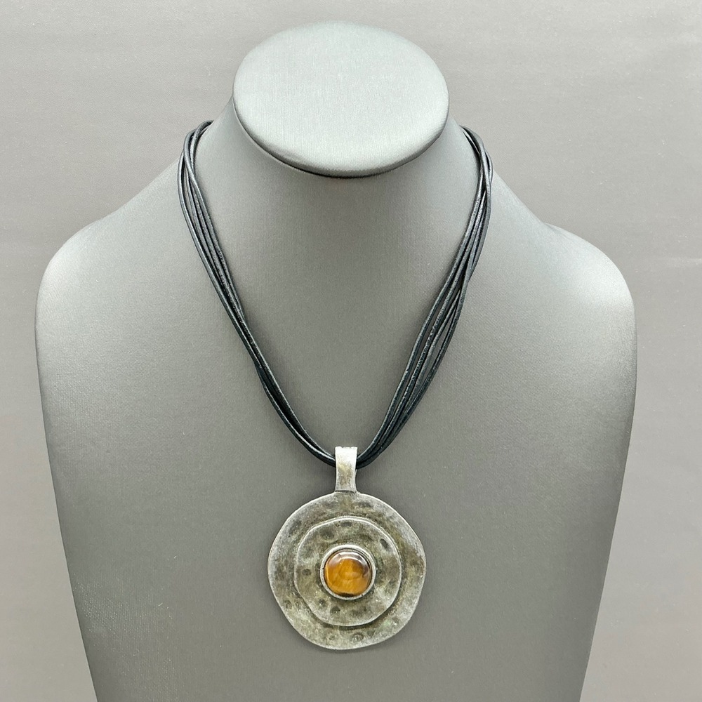 Premier Designs Necklace Tiger Eye Pendant Black Cord Silver‎ Tone 18-20 In
